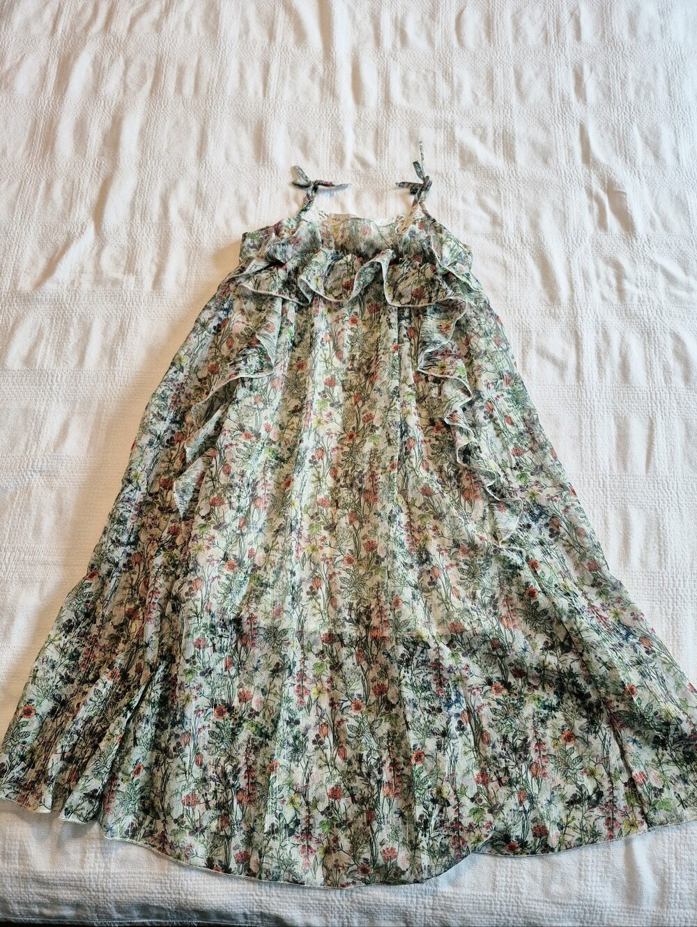 Next girls size 7 years sleeveless floral dress lined waterfall ruffle NWT